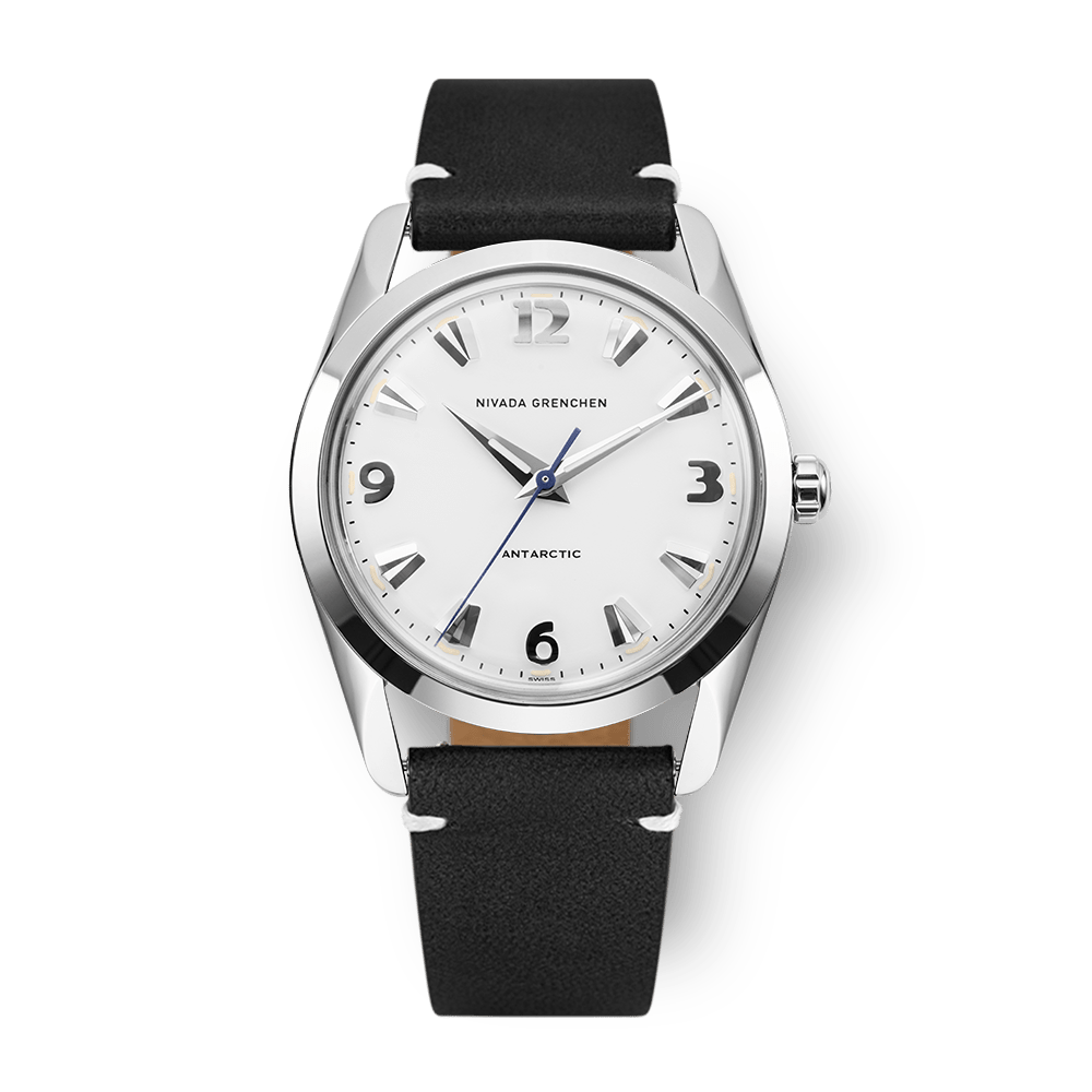 Nivada Grenchen Antarctic White 35mm 35005M15 - Lederarmband Schwarz weiße Naht