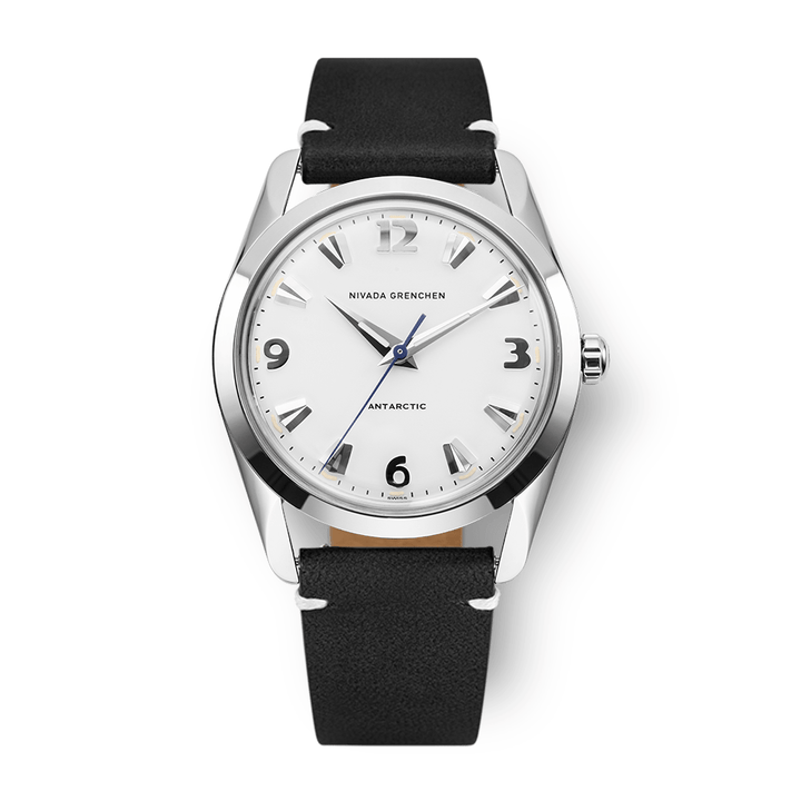 Nivada Grenchen Antarctic White 35mm 35005M15 - Lederarmband Schwarz weiße Naht