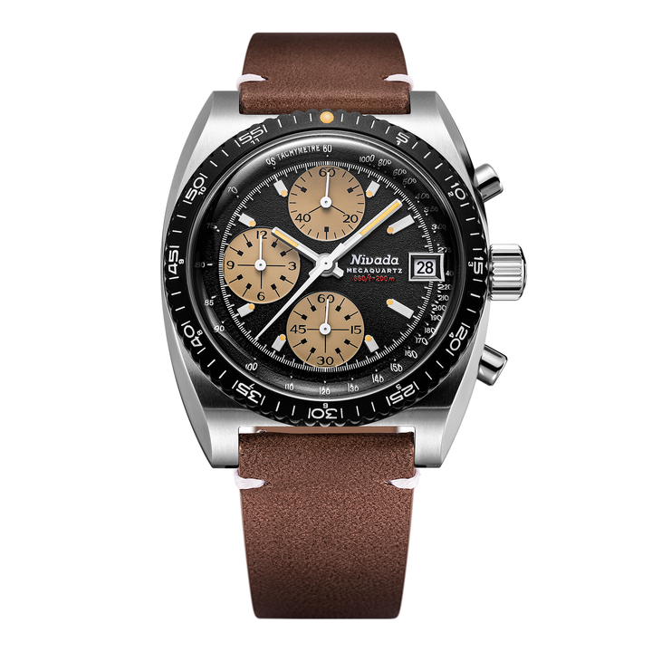 Nivada Grenchen Autochron Mecaquartz Black 38mm 77001Q14 - Lederarmband Braun weiße Naht
