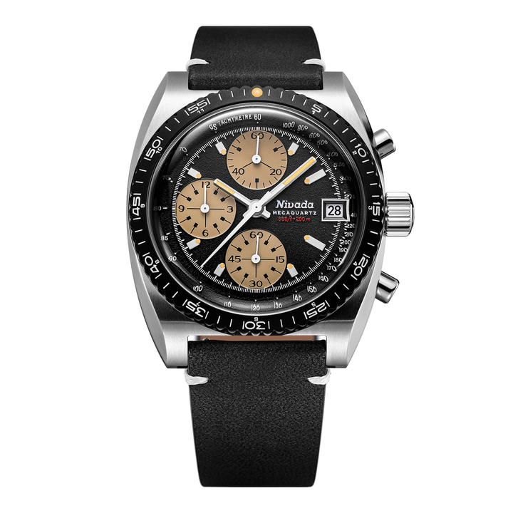 Nivada Grenchen Autochron Mecaquartz Black 38mm 77001Q15 - Lederarmband Schwarz weiße Naht