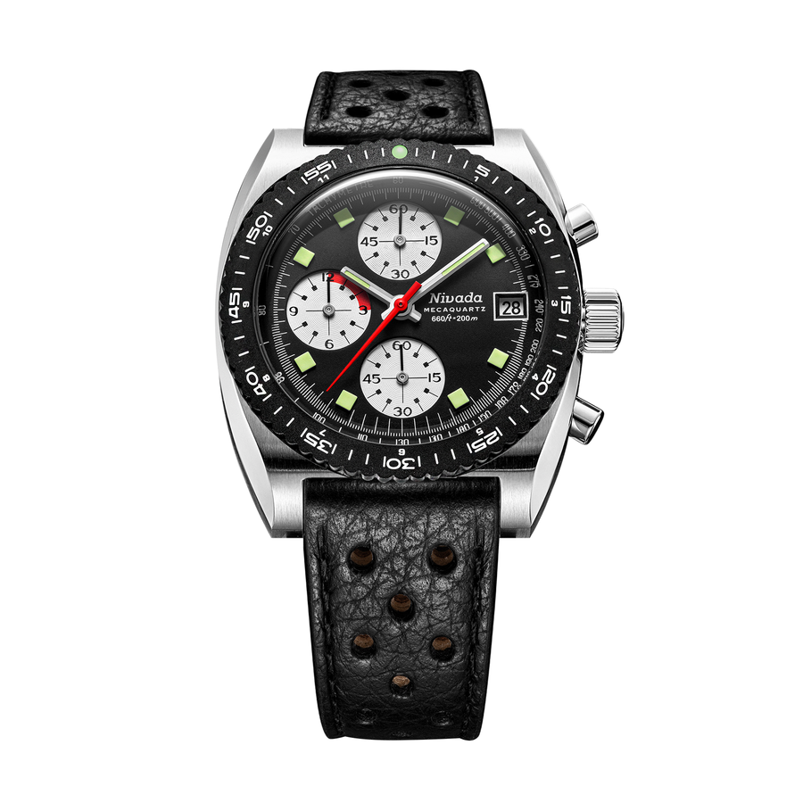Nivada Grenchen Autochron Mecaquartz Reverse Panda 38mm 77007Q10 - Racing-Armband Schwarz