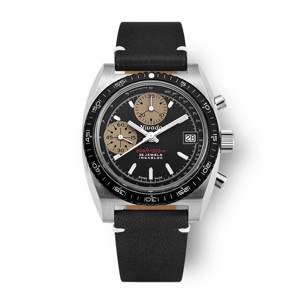 Nivada Grenchen Autochron White 38mm 77002A15 - Lederarmband Schwarz weiße Naht