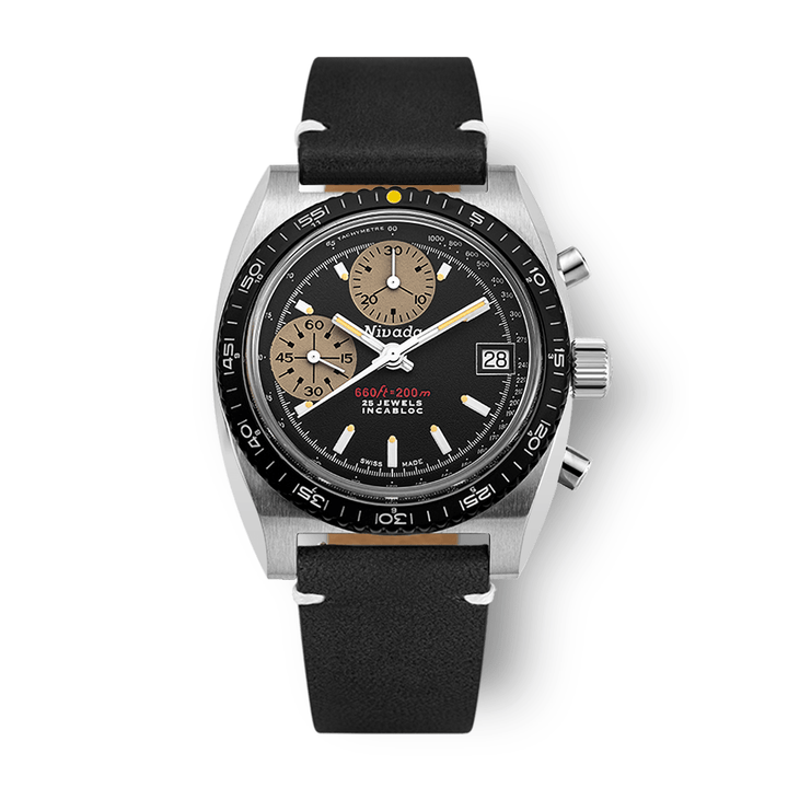 Nivada Grenchen Autochron Yellow 38mm 77001A15 - Lederarmband Schwarz weiße Naht