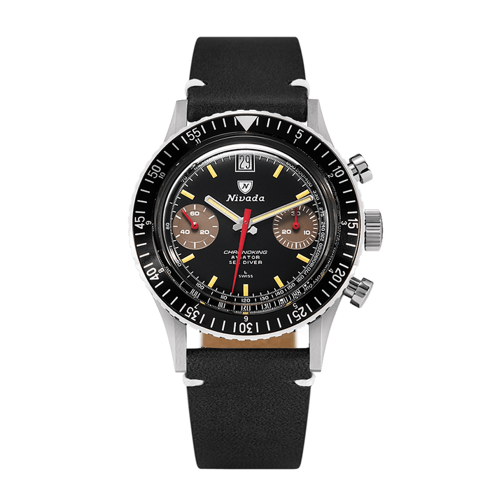 Nivada Grenchen Chronoking Manual 38mm 87033M15 - Lederarmband Schwarz weiße Naht