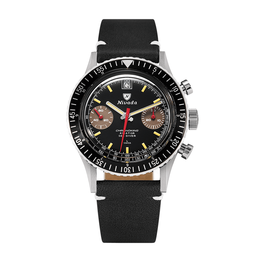 Nivada Grenchen Chronoking Manual 38mm 87033M15 - Lederarmband Schwarz weiße Naht