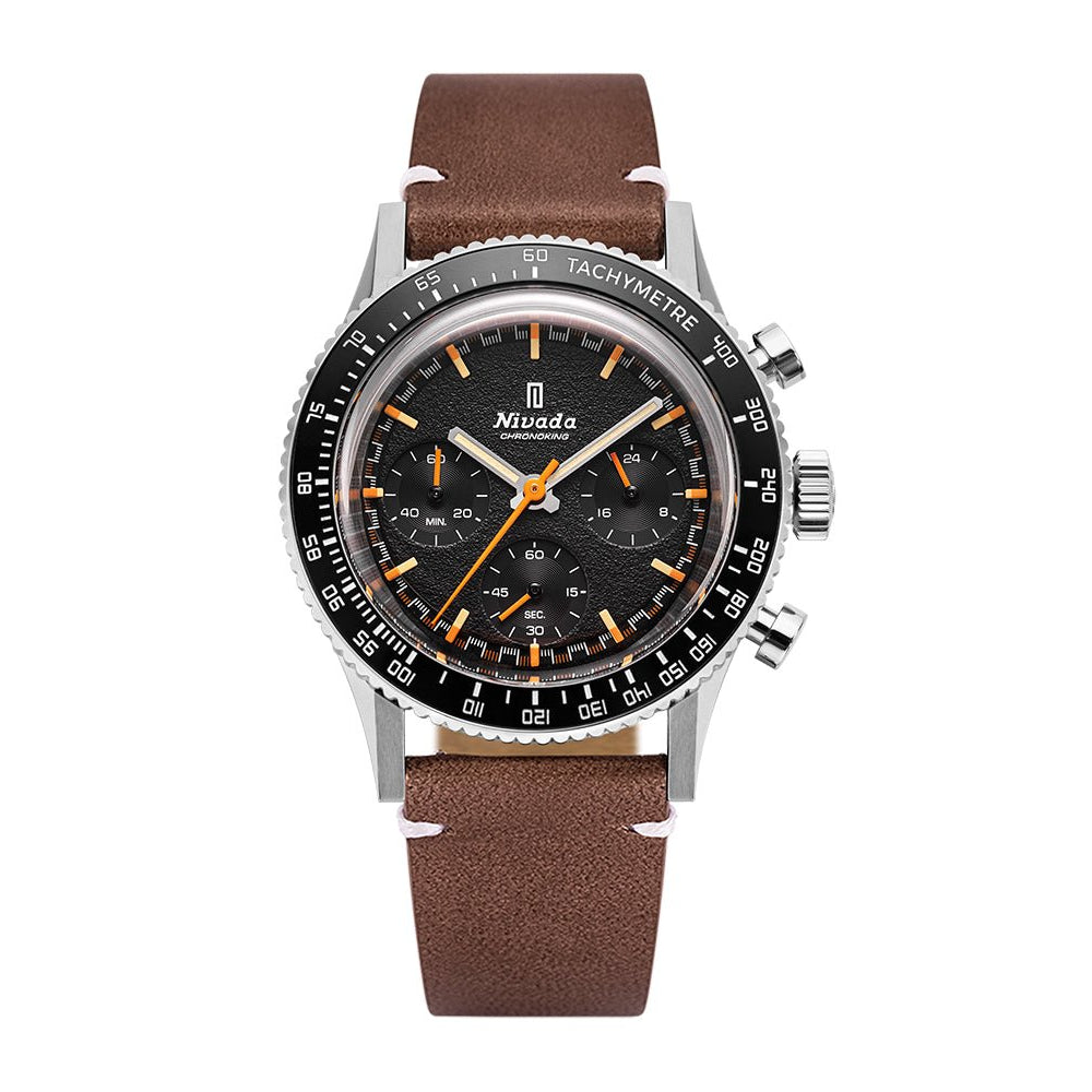 Nivada Grenchen Chronoking Mecaquartz Inter.Bezel 38mm 87040Q14 - Lederarmband Braun weiße Naht, Tachymeter-Lünette