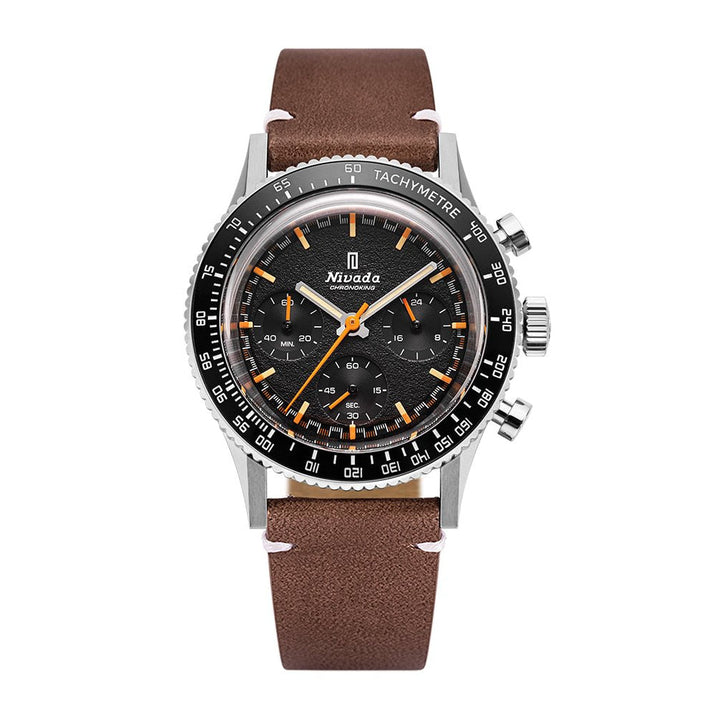 Nivada Grenchen Chronoking Mecaquartz Inter.Bezel 38mm 87040Q14 - Lederarmband Braun weiße Naht, Tachymeter-Lünette