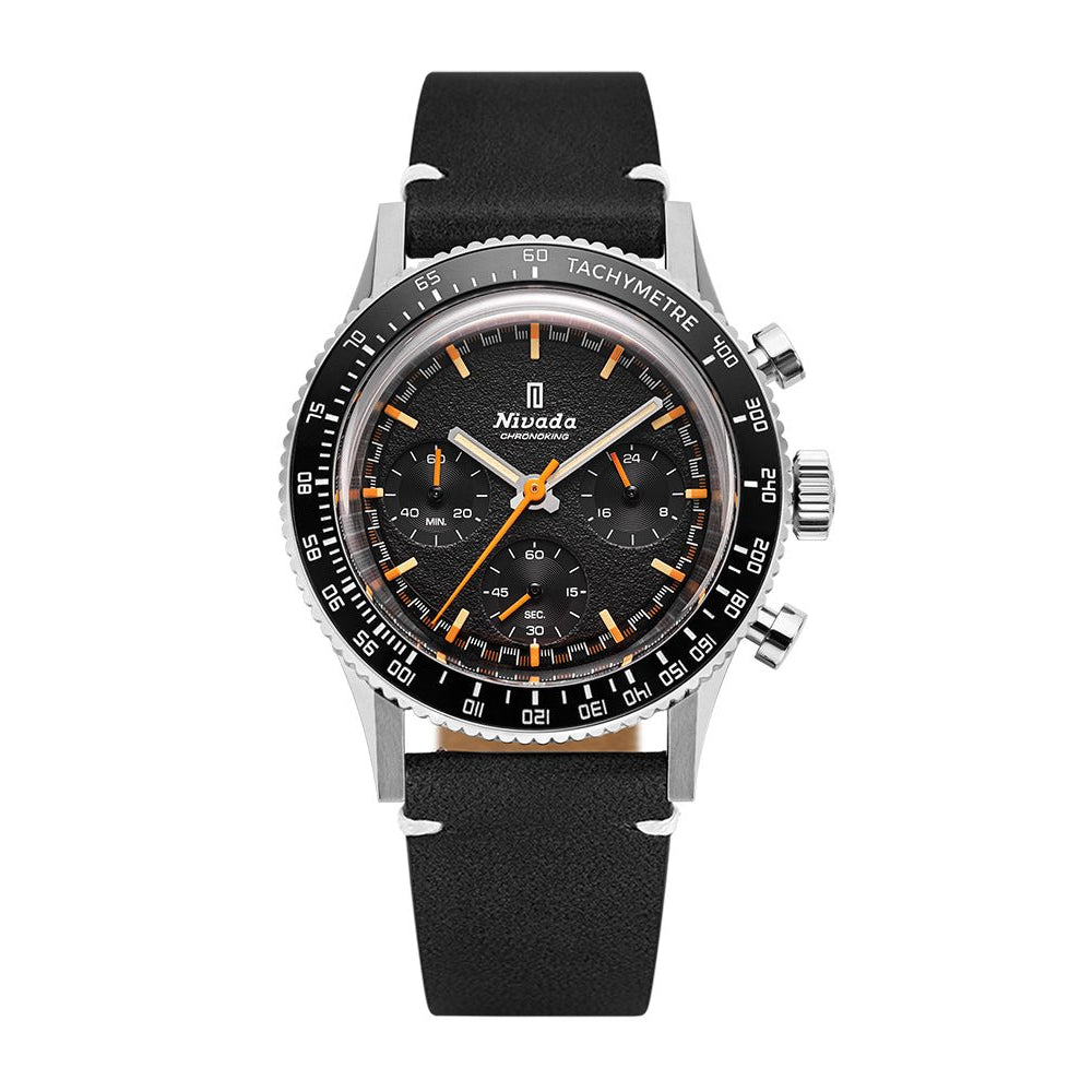 Nivada Grenchen Chronoking Mecaquartz Inter.Bezel 38mm 87040Q15 - Lederarmband Schwarz weiße Naht, Tachymeter-Lünette