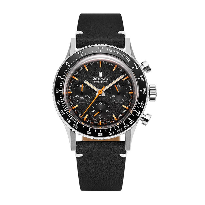 Nivada Grenchen Chronoking Mecaquartz Inter.Bezel 38mm 87040Q15 - Lederarmband Schwarz weiße Naht, Tachymeter-Lünette