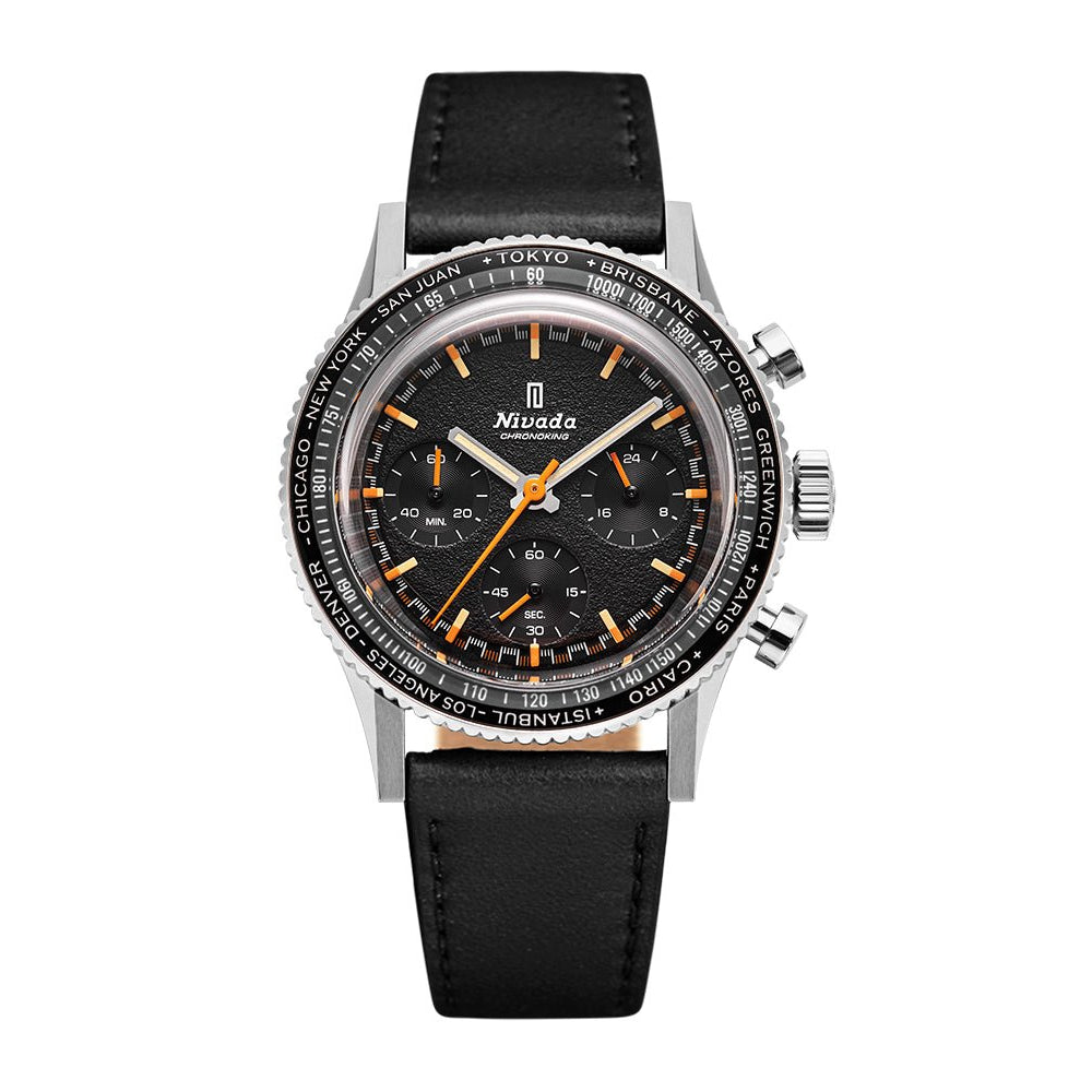 Nivada Grenchen Chronoking Mecaquartz Inter.Bezel 38mm 87040Q17 - Lederarmband Schwarz, Tachymeter-Lünette