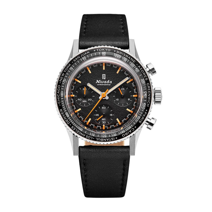 Nivada Grenchen Chronoking Mecaquartz Inter.Bezel 38mm 87040Q17 - Lederarmband Schwarz, Tachymeter-Lünette