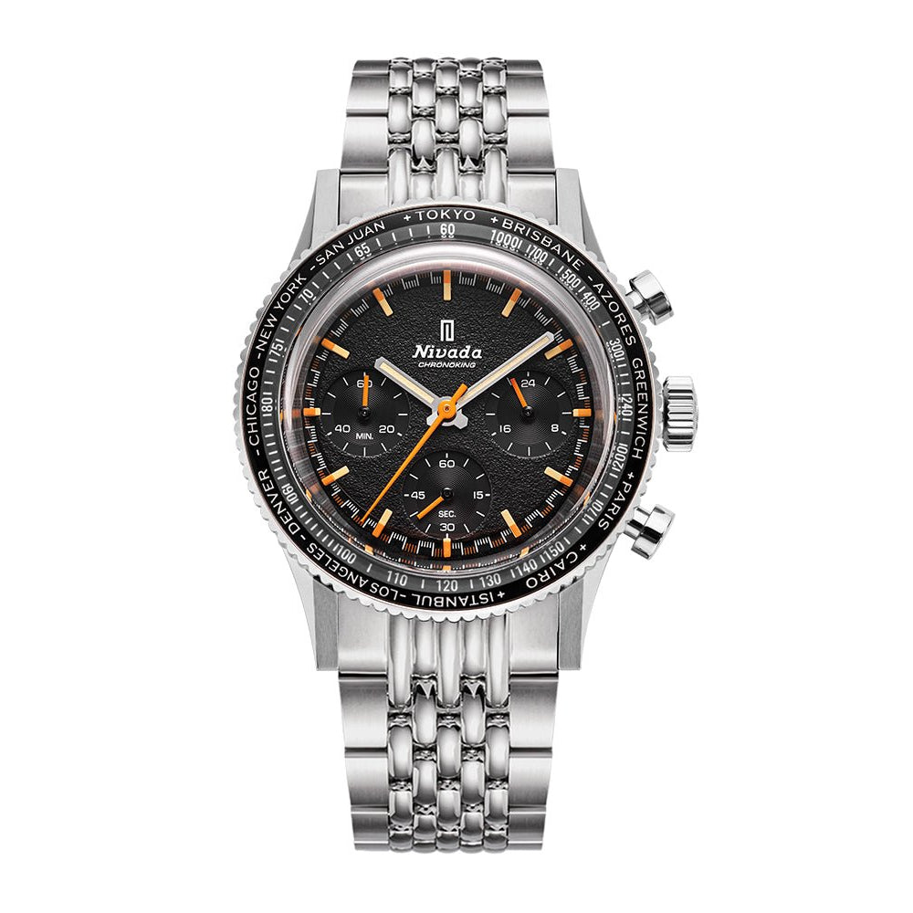 Nivada Grenchen Chronoking Mecaquartz Inter.Bezel 38mm 87042Q04 - Edelstahlarmband Beads of Rice, GMT-Lünette