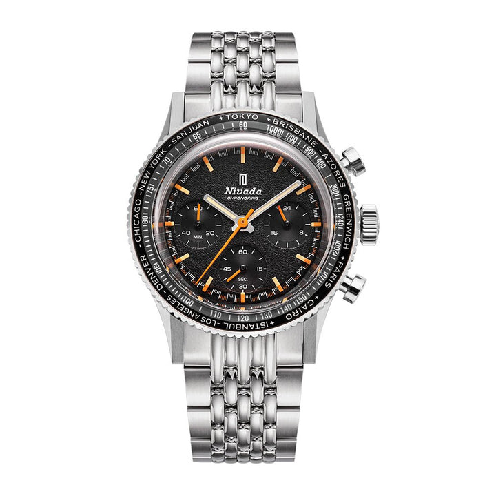 Nivada Grenchen Chronoking Mecaquartz Inter.Bezel 38mm 87042Q04 - Edelstahlarmband Beads of Rice, GMT-Lünette