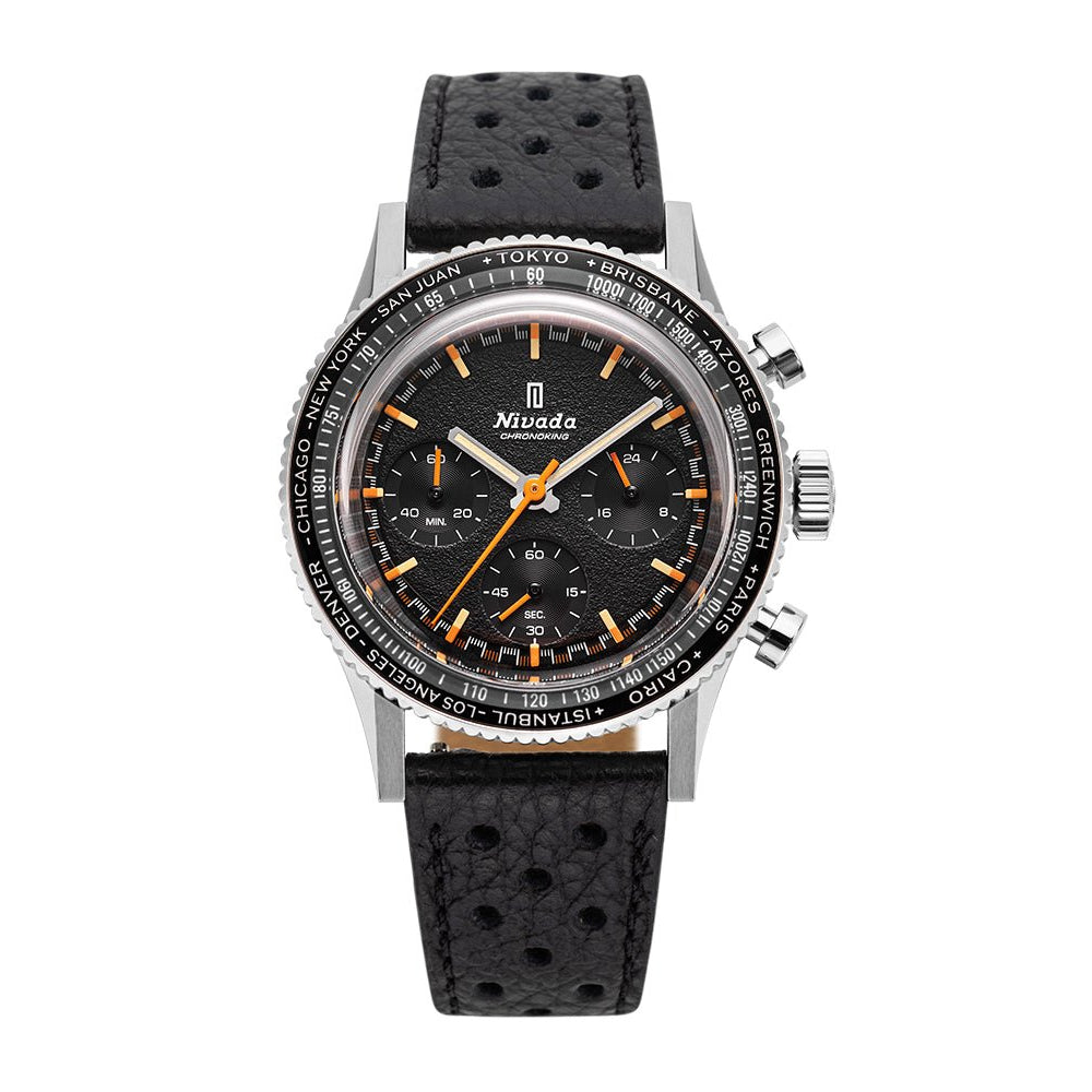 Nivada Grenchen Chronoking Mecaquartz Inter.Bezel 38mm 87042Q10 - Racing-Armband Schwarz, GMT-Lünette