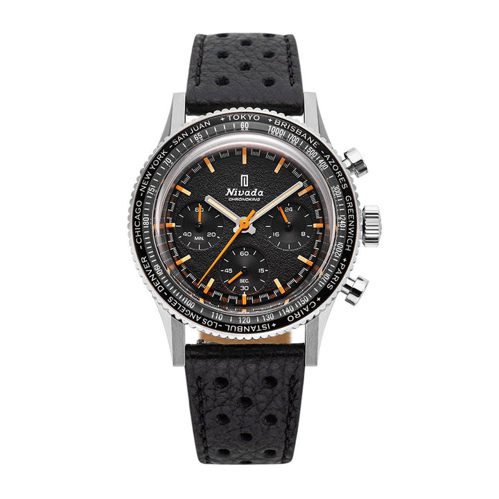 Nivada Grenchen Chronoking Mecaquartz Inter.Bezel 38mm 87042Q10 - Racing-Armband Schwarz, GMT-Lünette