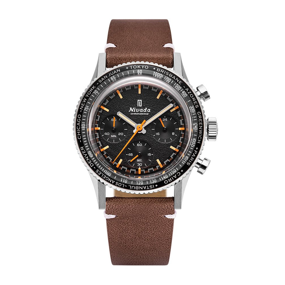 Nivada Grenchen Chronoking Mecaquartz Inter.Bezel 38mm 87042Q14 - Lederarmband Braun weiße Naht, GMT-Lünette