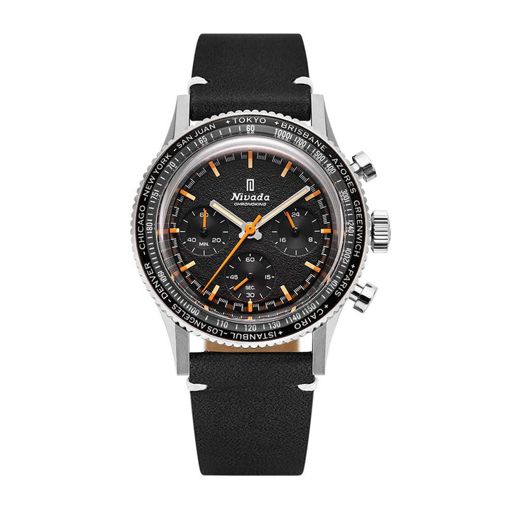 Nivada Grenchen Chronoking Mecaquartz Inter.Bezel 38mm 87042Q15 - Lederarmband Schwarz weiße Naht, GMT-Lünette