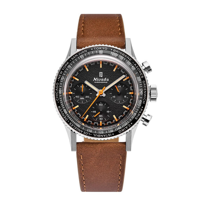 Nivada Grenchen Chronoking Mecaquartz Inter.Bezel 38mm 87042Q16 - Lederarmband Braun, GMT-Lünette