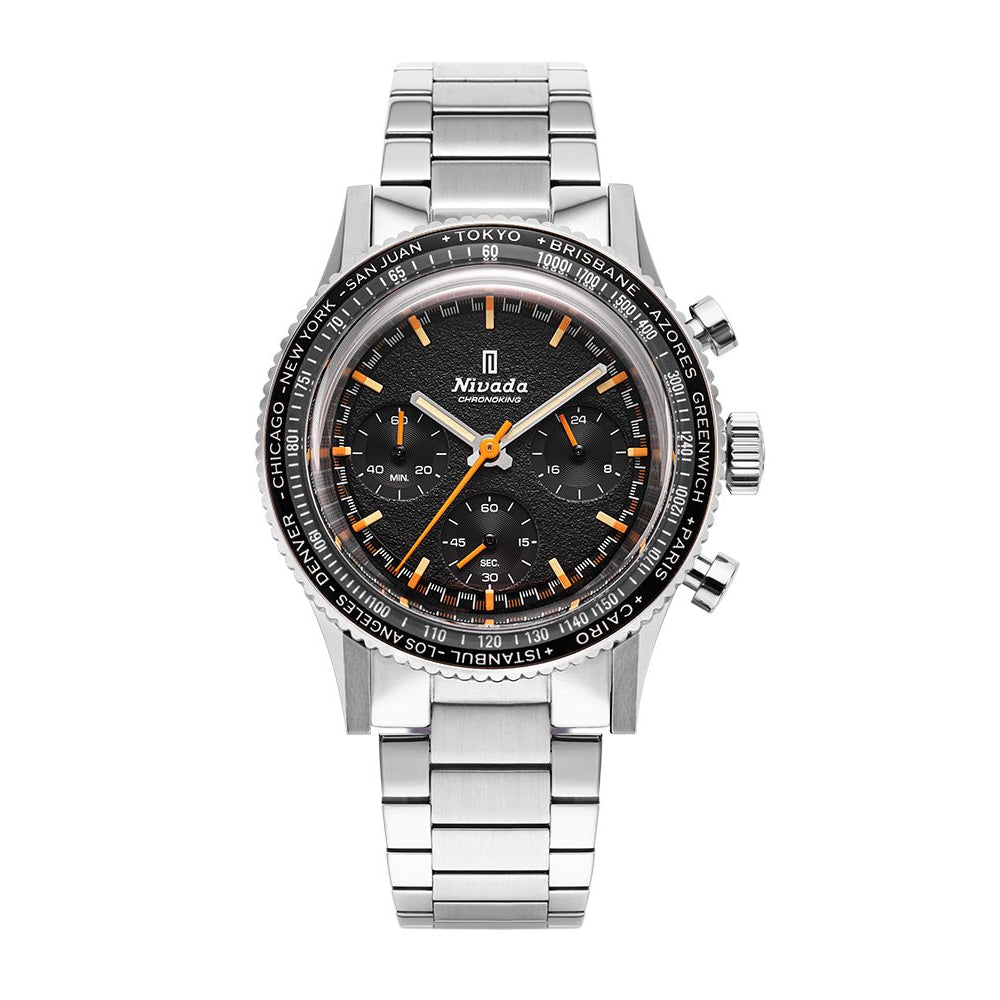 Nivada Grenchen Chronoking Mecaquartz Inter.Bezel 38mm 87042Q20 - Edelstahlarmband Flat Link, GMT-Lünette