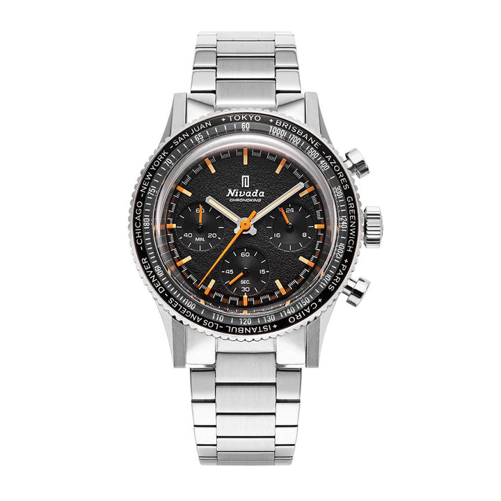 Nivada Grenchen Chronoking Mecaquartz Inter.Bezel 38mm 87042Q20 - Edelstahlarmband Flat Link, GMT-Lünette