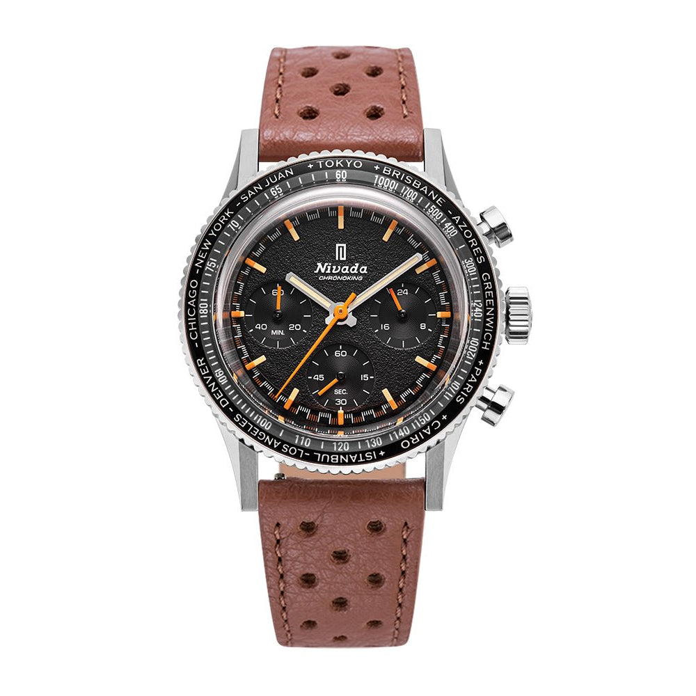 Nivada Grenchen Chronoking Mecaquartz Inter.Bezel 38mm 87042Q23 - Racing-Armband Braun, GMT-Lünette