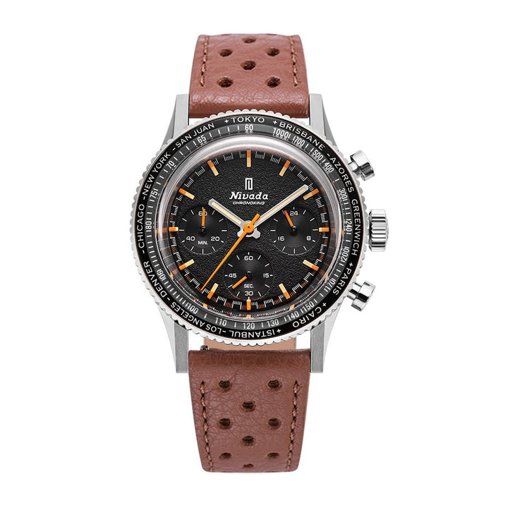Nivada Grenchen Chronoking Mecaquartz Inter.Bezel 38mm 87042Q23 - Racing-Armband Braun, GMT-Lünette