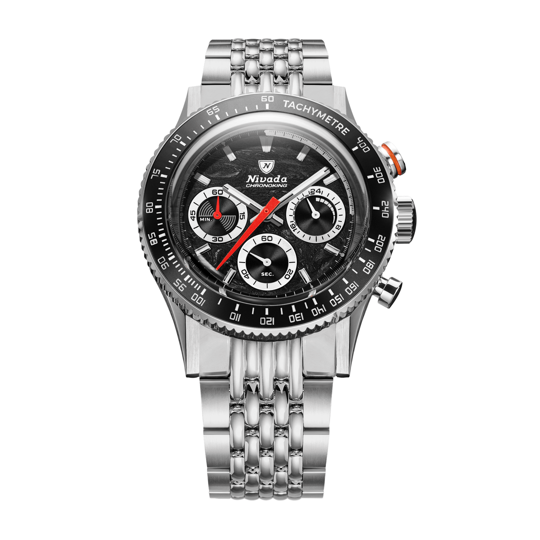 Nivada Grenchen Chronoking Mecaquartz Racing Black 38mm 87048Q04 - Edelstahlarmband Beads of Rice