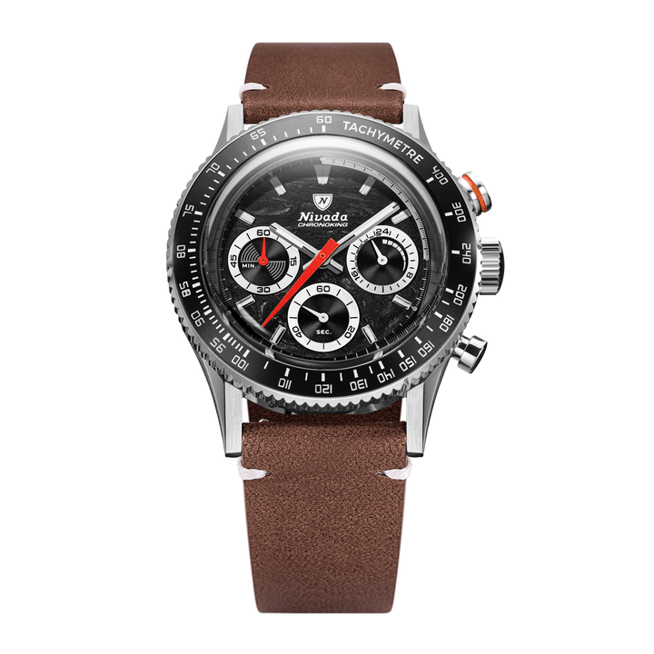Nivada Grenchen Chronoking Mecaquartz Racing Black 38mm 87048Q14 - Lederarmband Braun weiße Naht