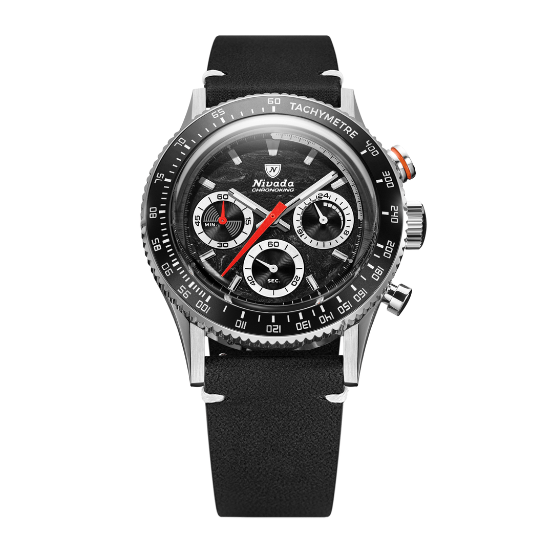 Nivada Grenchen Chronoking Mecaquartz Racing Black 38mm 87048Q15 - Lederarmband Schwarz weiße Naht