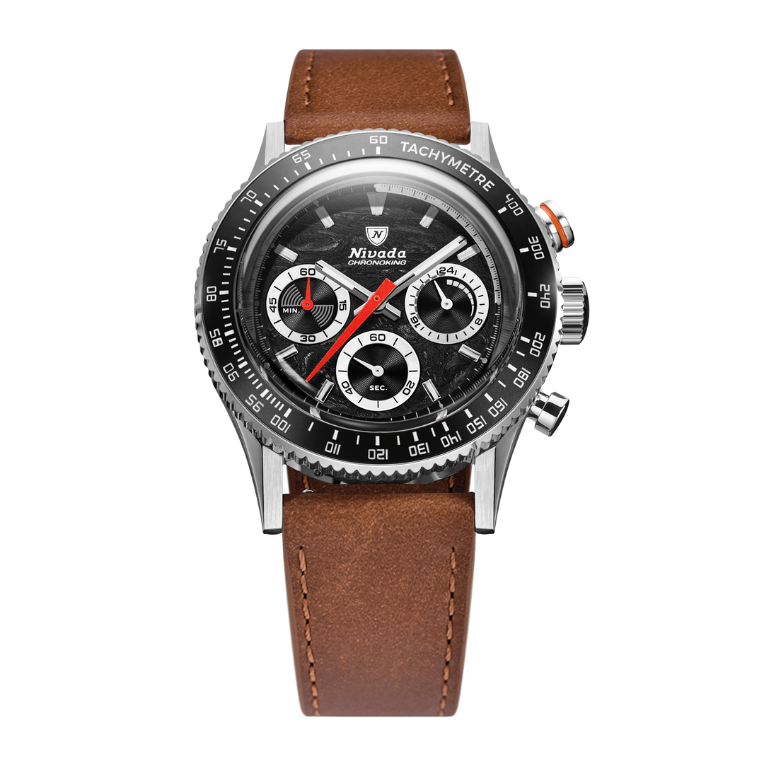 Nivada Grenchen Chronoking Mecaquartz Racing Black 38mm 87048Q16 - Lederarmband Braun