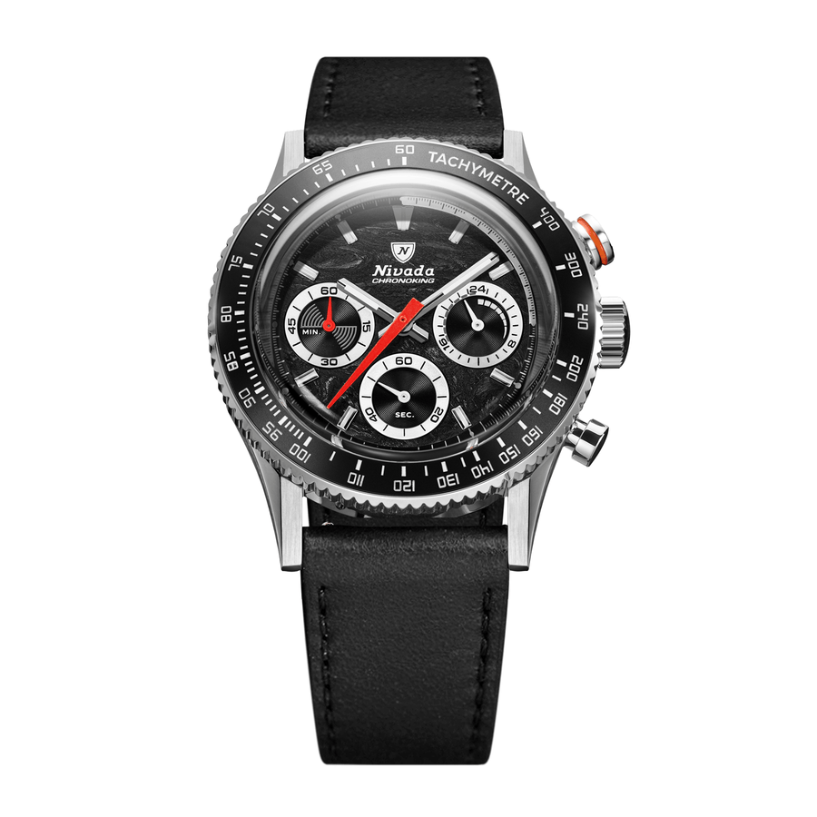 Nivada Grenchen Chronoking Mecaquartz Racing Black 38mm 87048Q17 - Lederarmband Schwarz