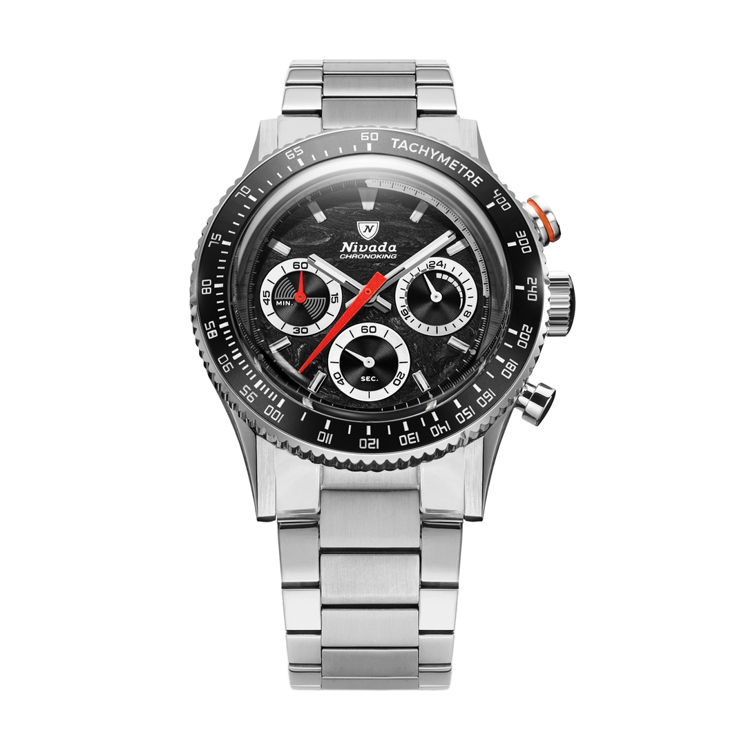 Nivada Grenchen Chronoking Mecaquartz Racing Black 38mm 87048Q20 - Edelstahlarmband Flat Link
