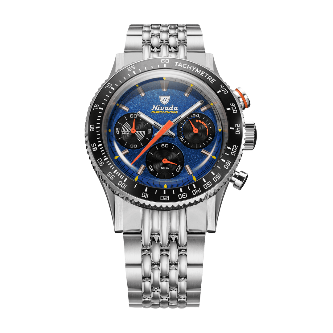 Nivada Grenchen Chronoking Mecaquartz Racing Blue 38mm 87050Q04 - Edelstahlarmband Beads of Rice