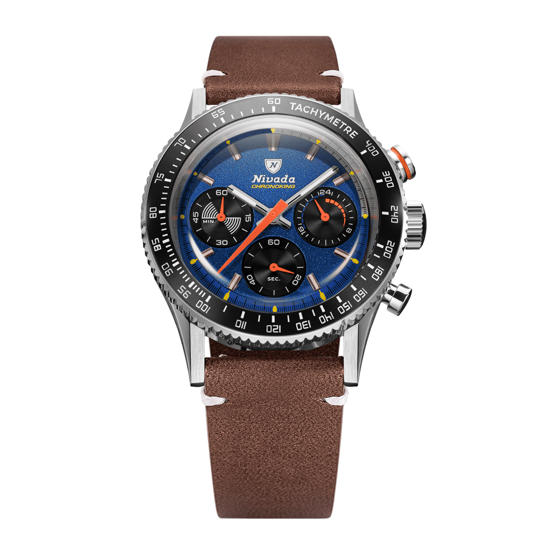 Nivada Grenchen Chronoking Mecaquartz Racing Blue 38mm 87050Q14 - Lederarmband Braun weiße Naht