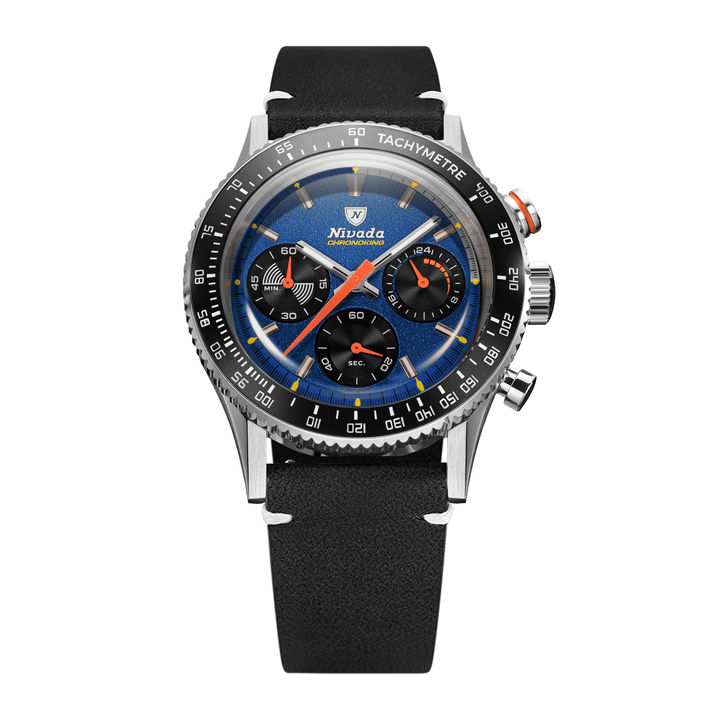 Nivada Grenchen Chronoking Mecaquartz Racing Blue 38mm 87050Q15 - Lederarmband Schwarz weiße Naht