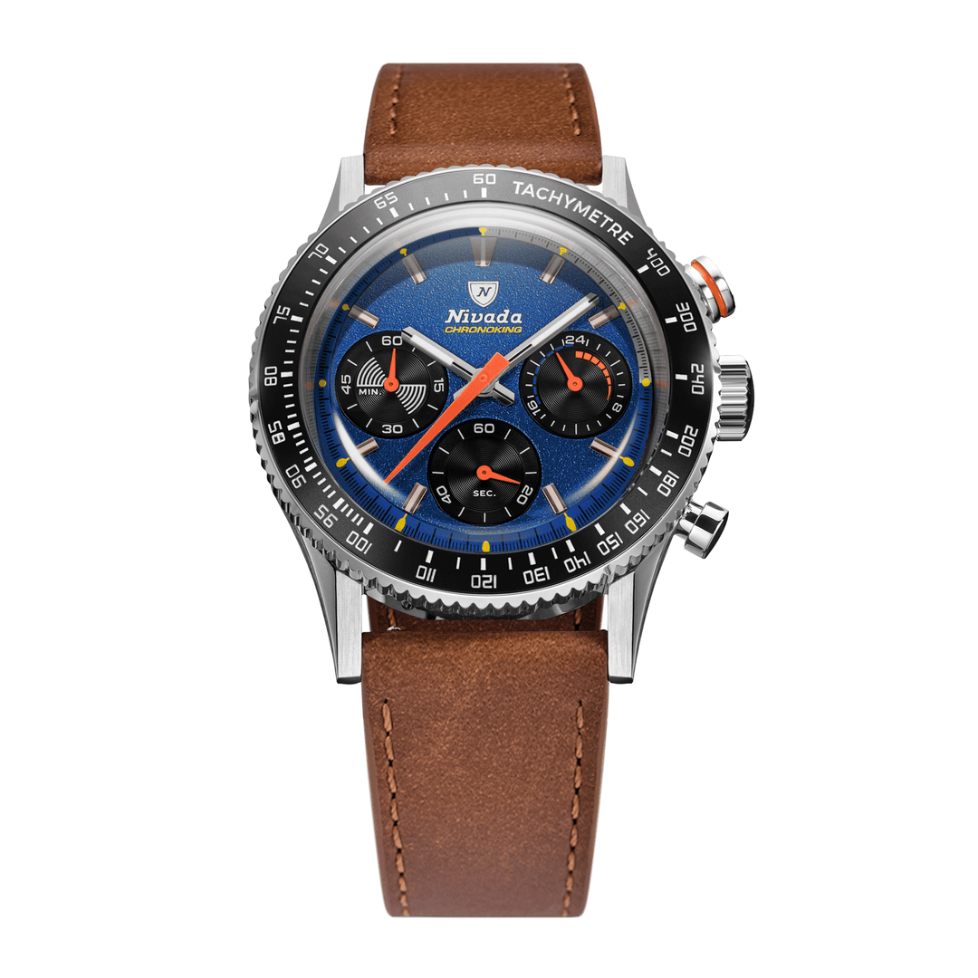 Nivada Grenchen Chronoking Mecaquartz Racing Blue 38mm 87050Q16 - Lederarmband Braun