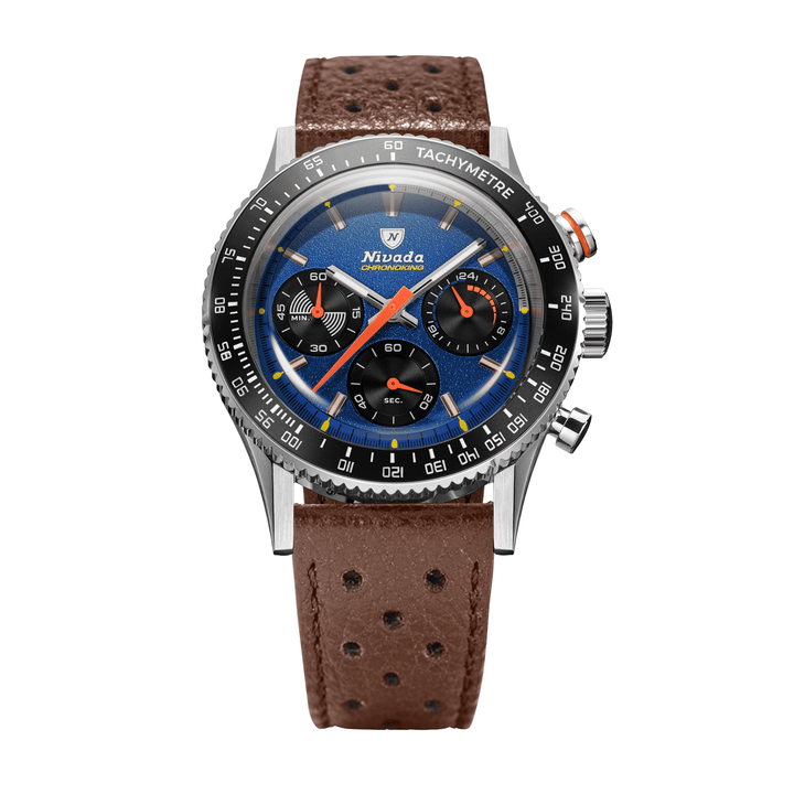Nivada Grenchen Chronoking Mecaquartz Racing Blue 38mm 87050Q23 - Racing-Armband Braun