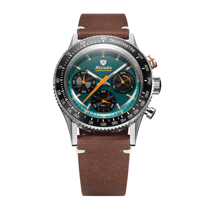 Nivada Grenchen Chronoking Mecaquartz Racing Green 38mm 87051Q14 - Lederarmband Braun weiße Naht