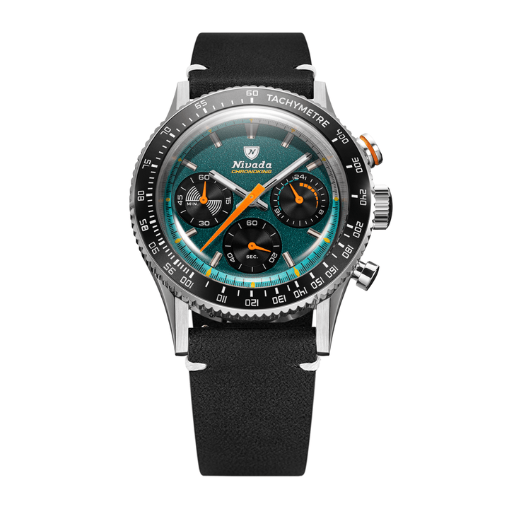 Nivada Grenchen Chronoking Mecaquartz Racing Green 38mm 87051Q15 - Lederarmband Schwarz weiße Naht