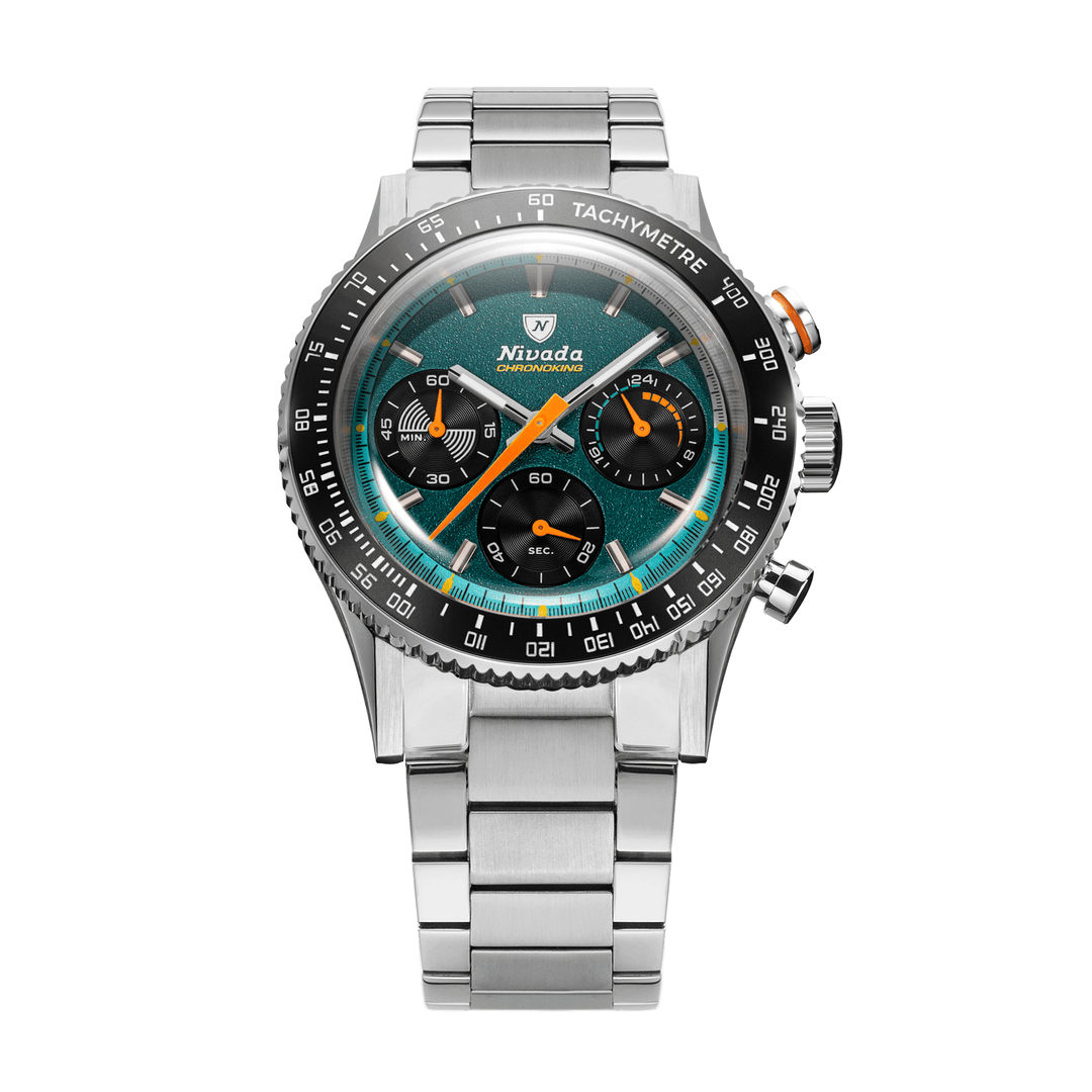 Nivada Grenchen Chronoking Mecaquartz Racing Green 38mm 87051Q20 - Edelstahlarmband Flat Link