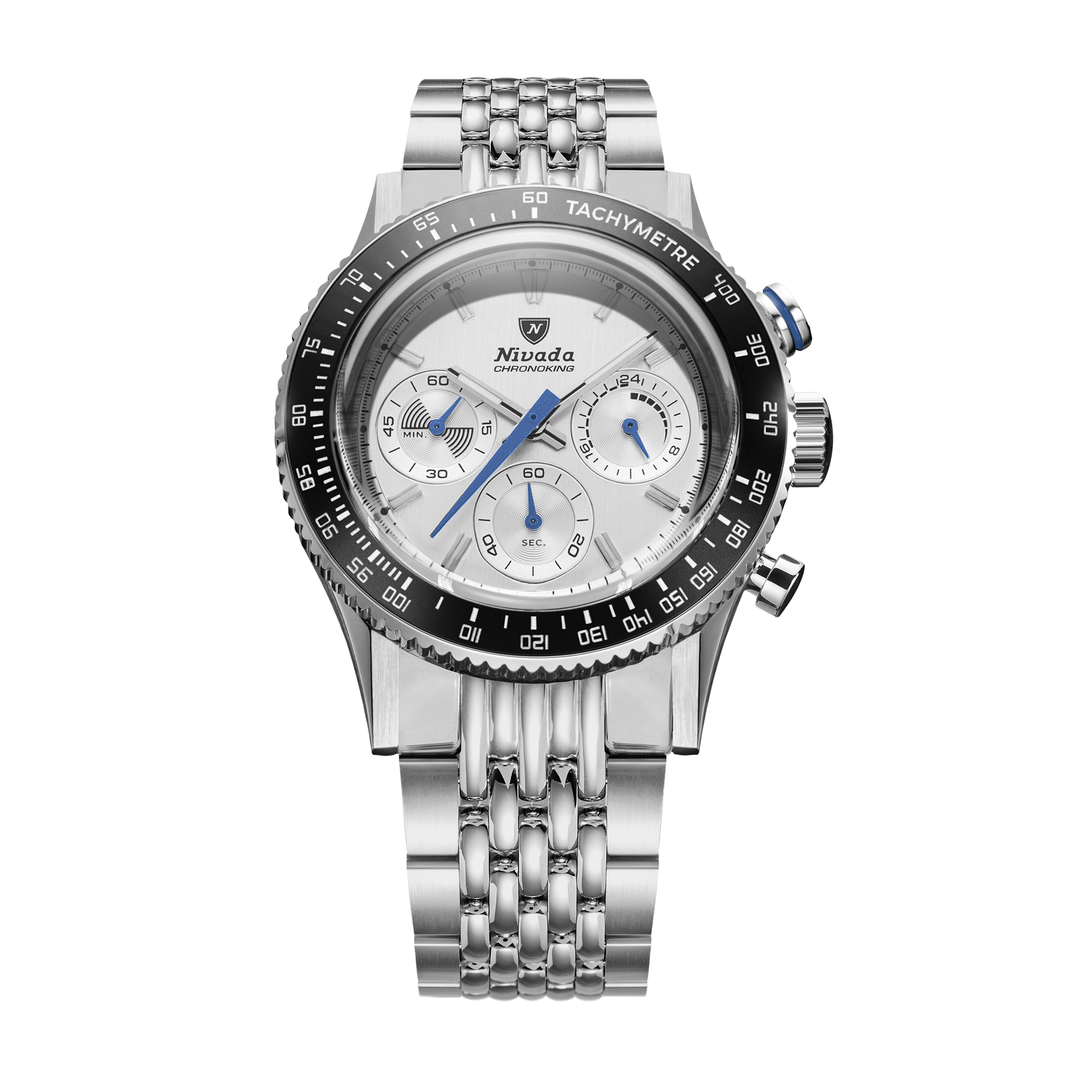 Nivada Grenchen Chronoking Mecaquartz Racing Grey 38mm 87046Q04 - Edelstahlarmband Beads of Rice