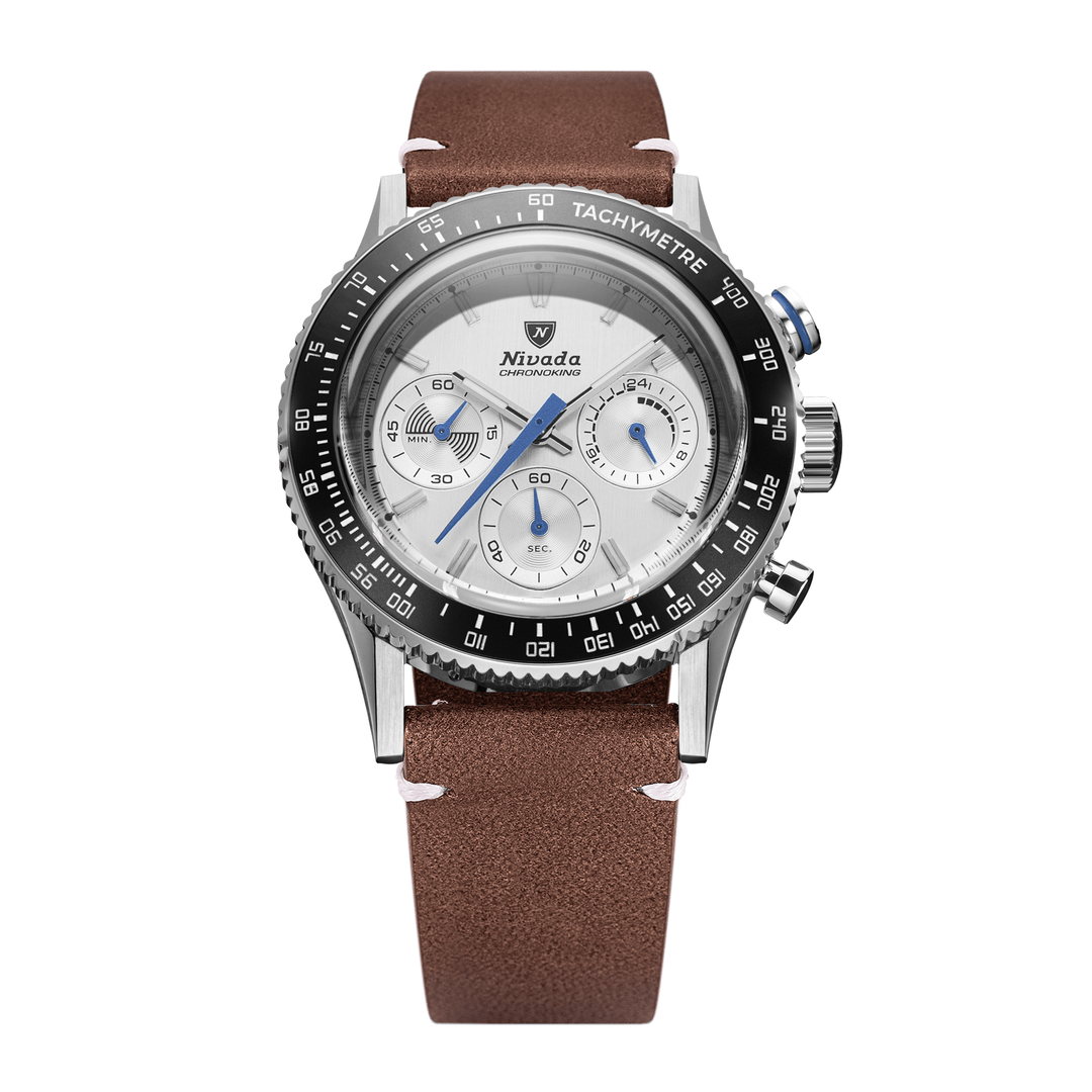 Nivada Grenchen Chronoking Mecaquartz Racing Grey 38mm 87046Q14 - Lederarmband Braun weiße Naht