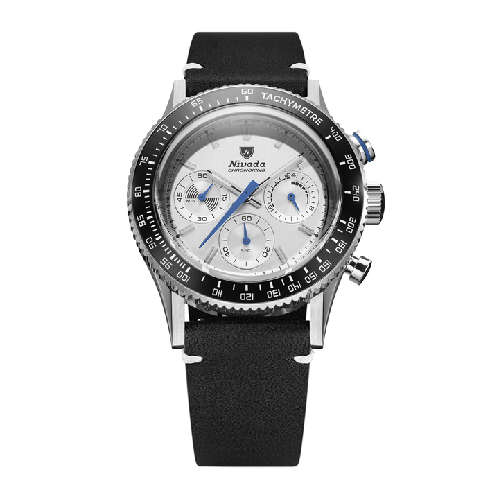 Nivada Grenchen Chronoking Mecaquartz Racing Grey 38mm 87046Q15 - Lederarmband Schwarz weiße Naht