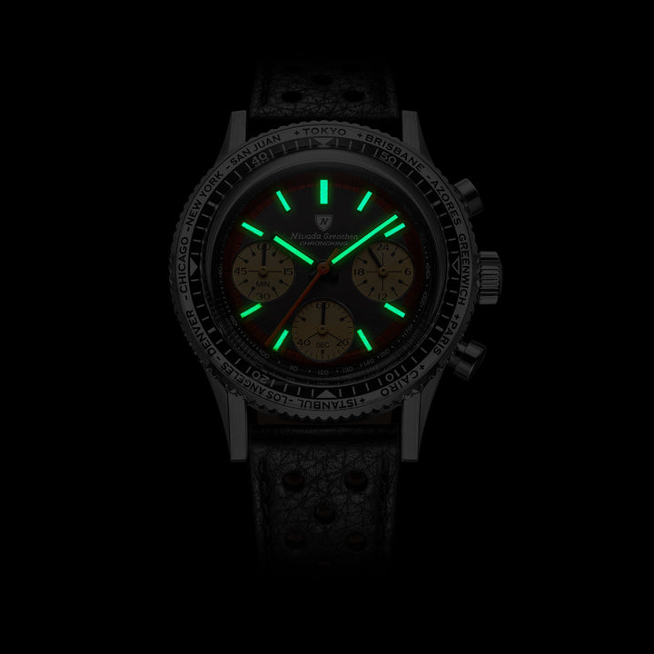 Nivada Grenchen Chronoking Racing Black Amber 38mm 87055Q - Leuchtmasse im Dunkeln