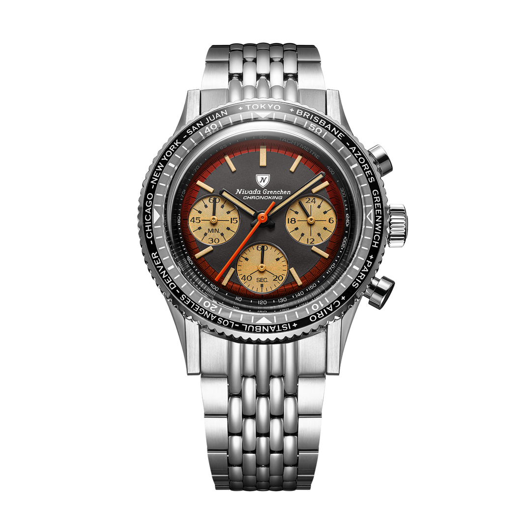 Nivada Grenchen Chronoking Racing Black Amber 38mm 87055Q04 - Edelstahlarmband Beads of Rice