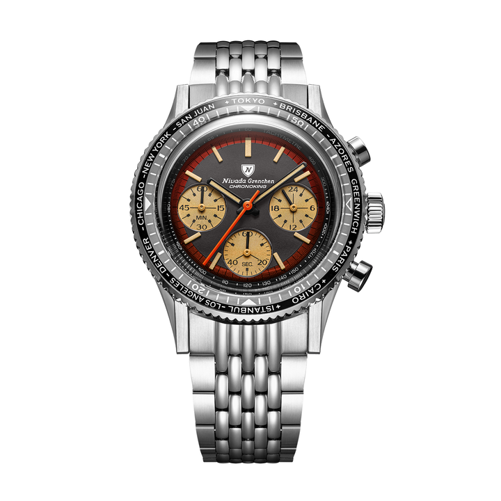 Nivada Grenchen Chronoking Racing Black Amber 38mm 87055Q04 - Edelstahlarmband Beads of Rice