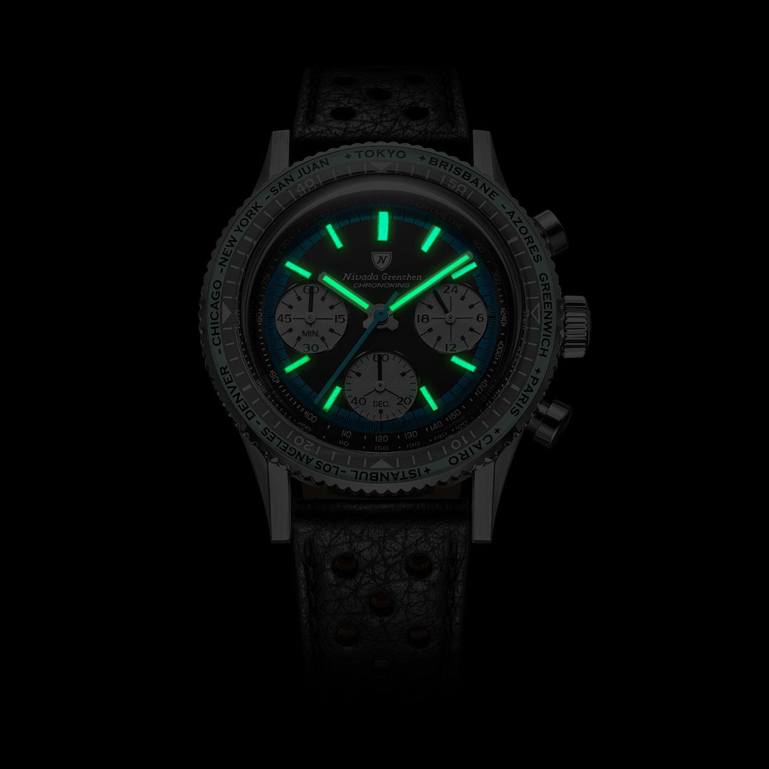 Nivada Grenchen Chronoking Racing Blue 38mm 87053Q - Leuchtmasse im Dunkeln