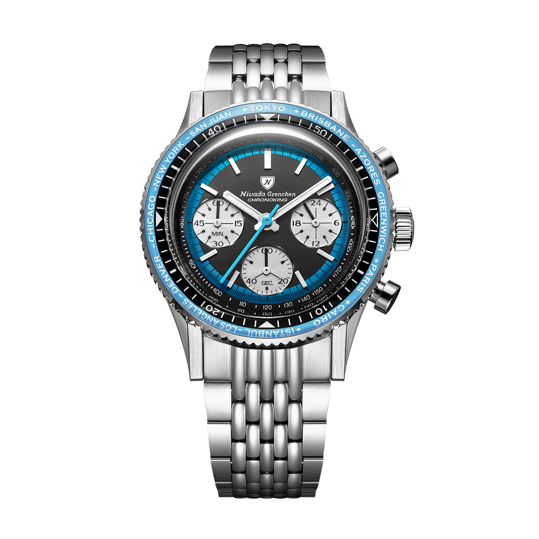 Nivada Grenchen Chronoking Racing Blue 38mm 87053Q04 - Edelstahlarmband Beads of Rice