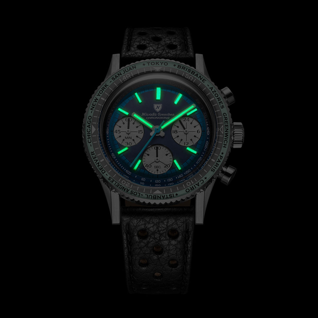 Nivada Grenchen Chronoking Racing Blue Lagoon 38mm 87054Q - Leuchtmasse im Dunkeln
