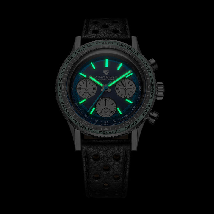 Nivada Grenchen Chronoking Racing Blue Lagoon 38mm 87054Q - Leuchtmasse im Dunkeln